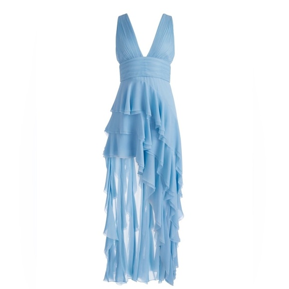 ALICE + OLIVIA Holly Low Neck Asym Ruffled Maxi Dress Mineral Blue Size 4 NWT - Picture 6 of 16